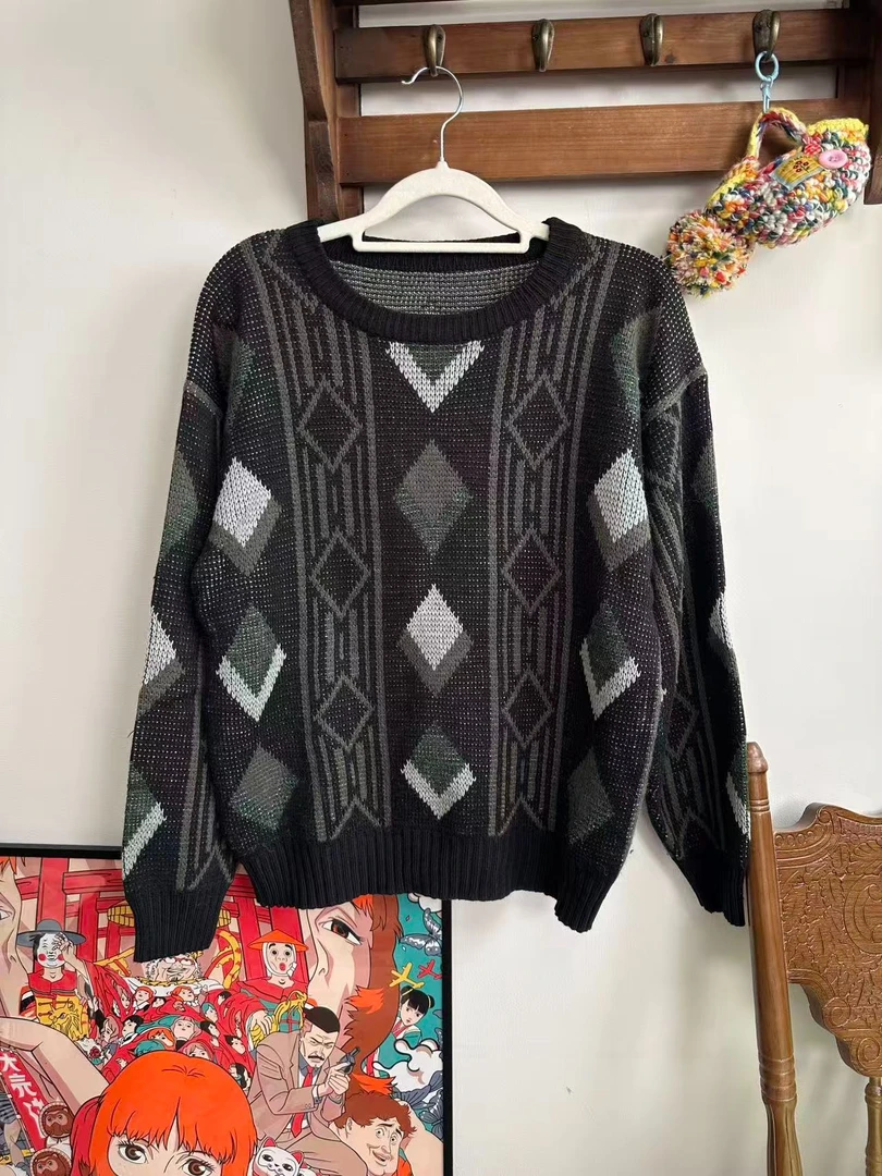 墨绿拼黑色菱形提花圆领毛衣【古着孤品】