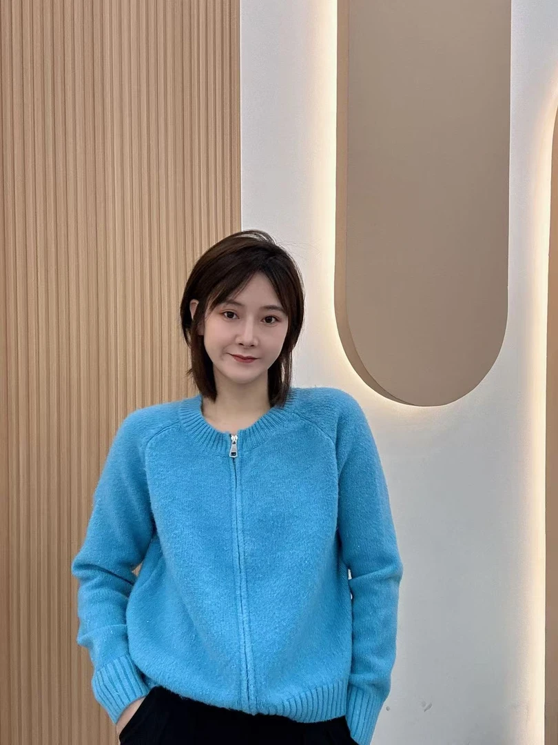 蓝色慵懒风双拉链韩版宽松开衫外套6064