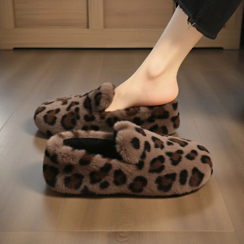 豹纹水貂毛毛鞋女冬季外穿高级感加绒保暖网红欧货一脚蹬软底棉鞋