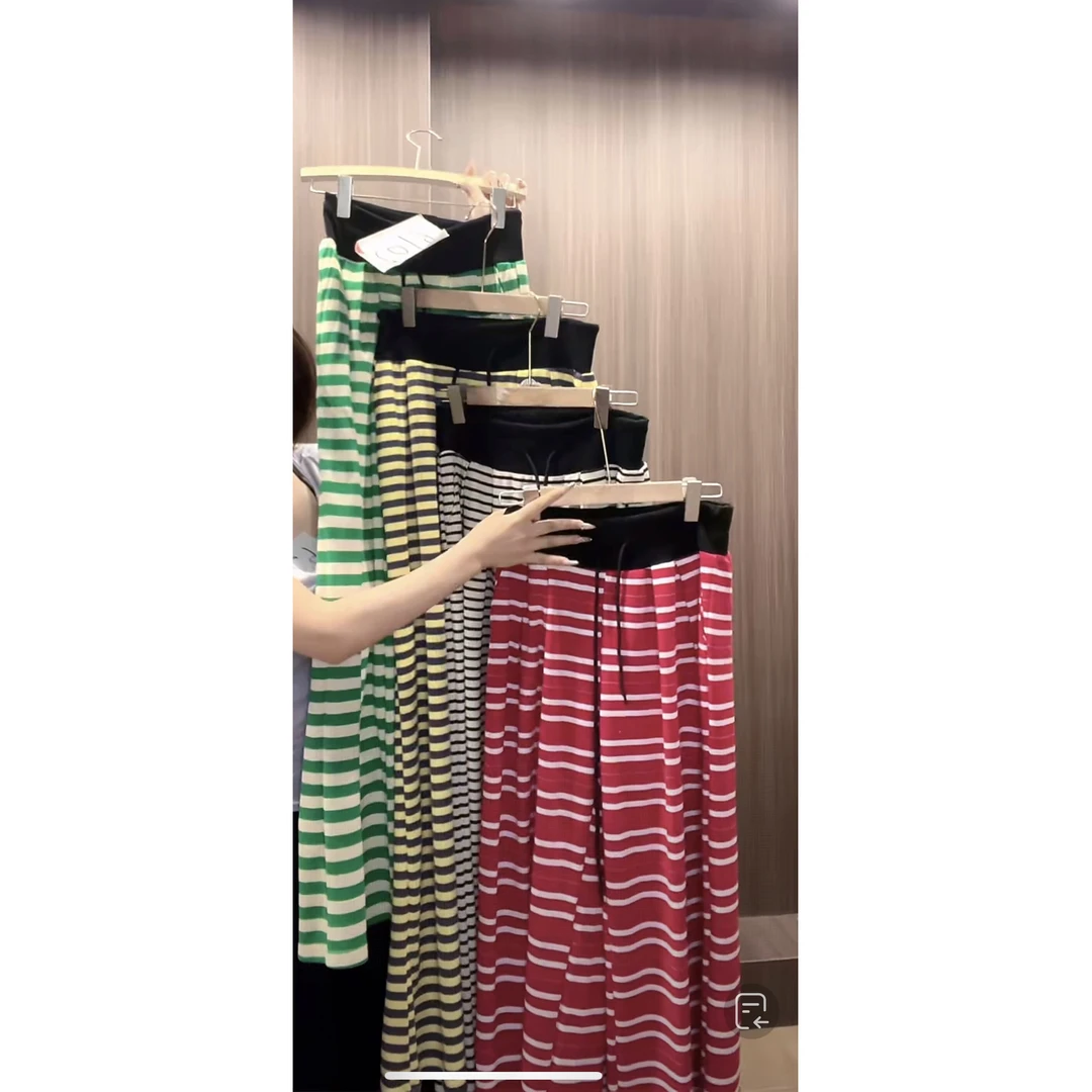 头头女装 自制慵懒松弛感条纹抽绳高腰直筒垂感阔腿裤#6102