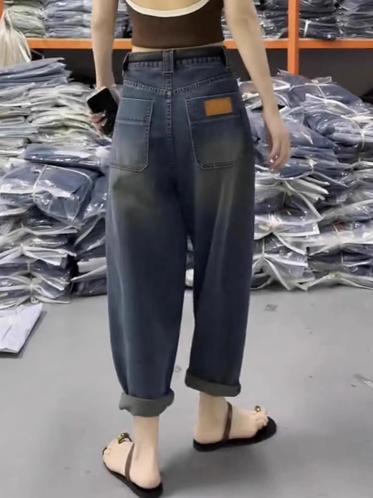 大码高腰显瘦阔腿牛仔裤2025年春夏季胖mm新款宽松遮肉九分哈伦裤