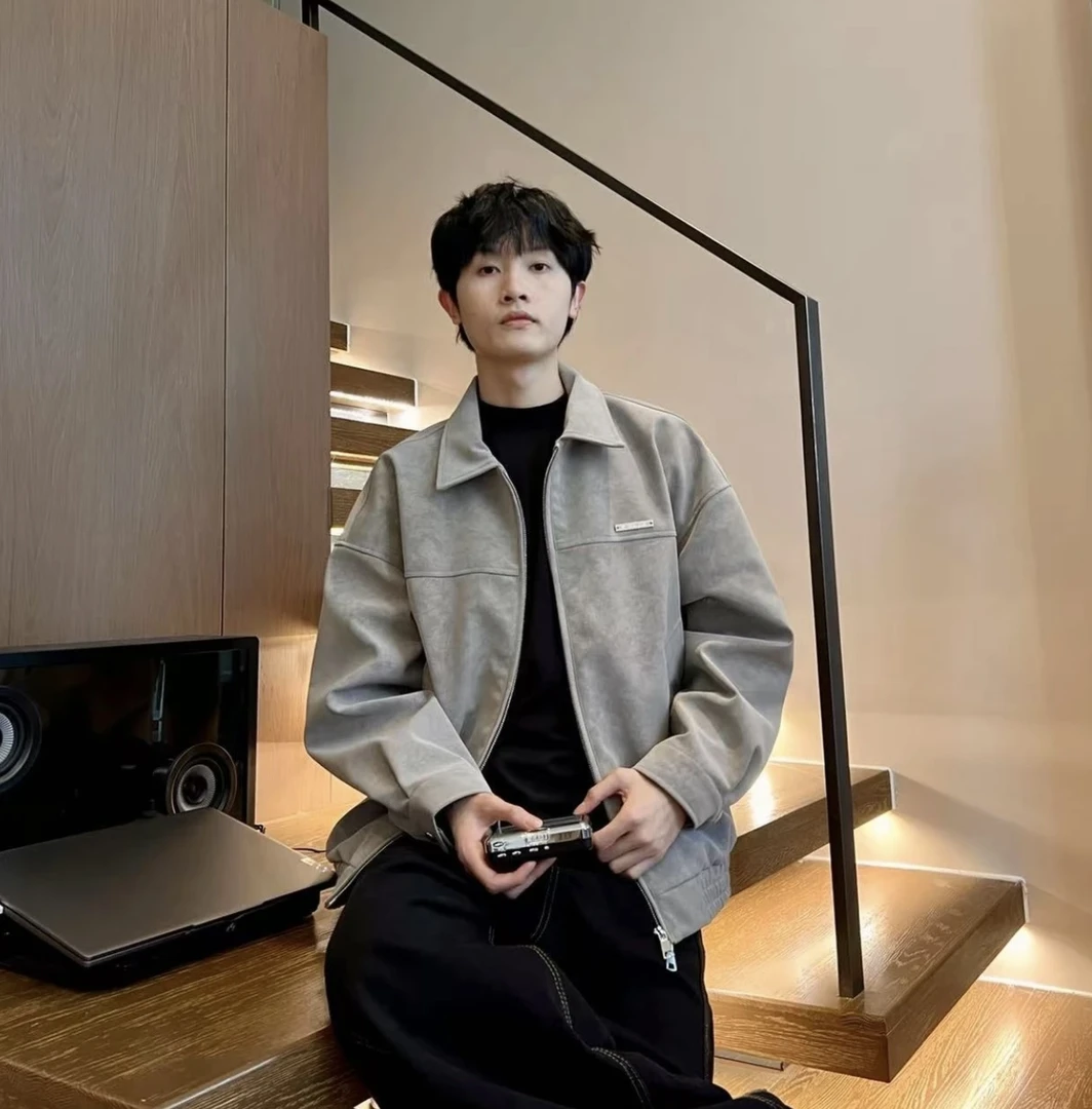 MANRE SHOW水洗立领皮衣外套男女款春季美式复古潮流机车皮夹克