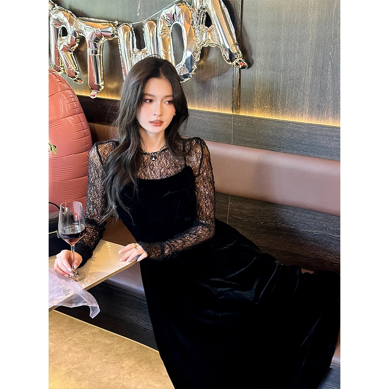 梅子熟了【夜宴小黑裙】黑色丝绒双层荷叶领吊带裙气质千金风连衣裙