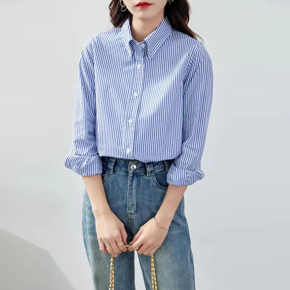 蓝色条纹衬衫女春秋2025新款轻奢高级感衬衣职业通勤女装气质上衣