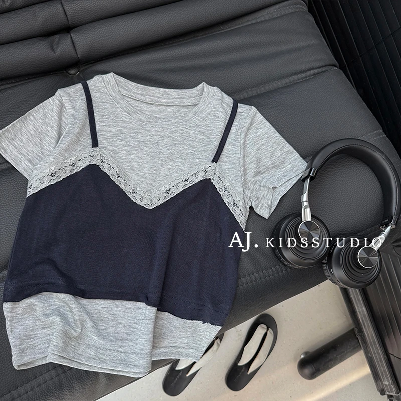 Q【裸感莫代尔】阿卷女童拼色蕾丝设计感小众假两件短袖T恤MPG6376