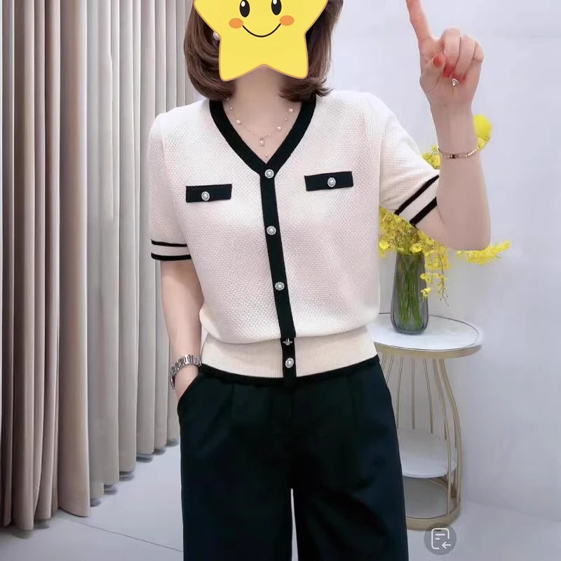 撞色v领小香风冰丝针织短袖t恤女夏季新款宽松薄款拼色设计感上衣