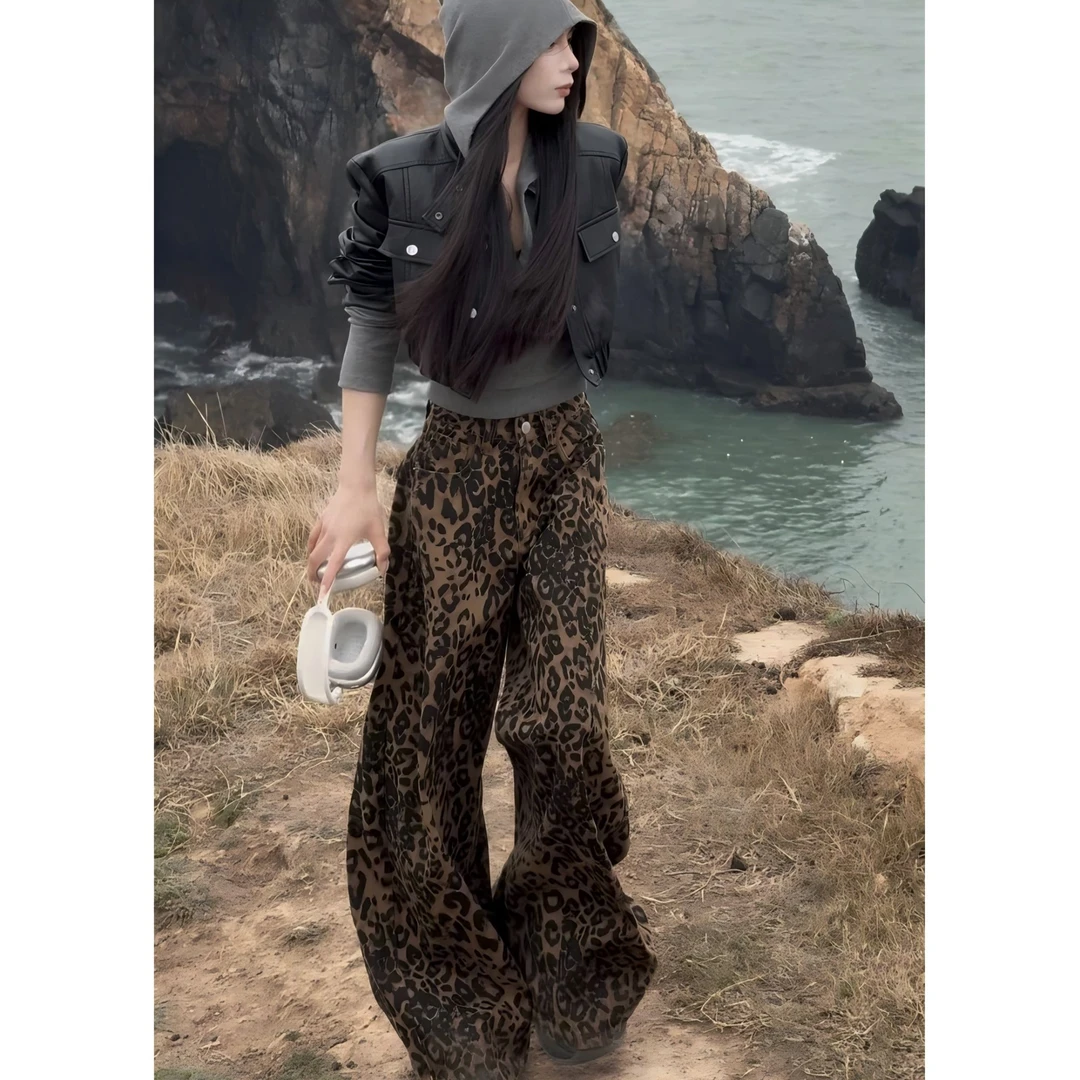 豹纹迷彩阔腿休闲裤女2025夏季新款高腰宽松显瘦百搭直筒拖地裤子
