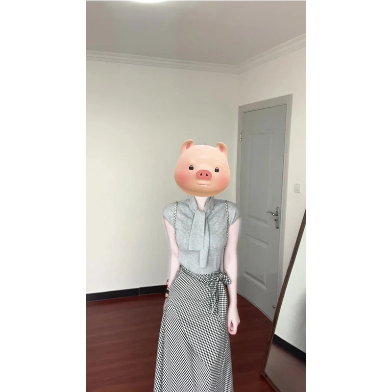 韩系千金风穿搭灰色针织短袖t恤女小众领结短上衣格纹半身裙套装