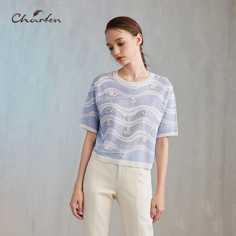 【媛媛专享】朝峰夏季提花拼接条纹女士针织衫短袖CFE2E311-3095C