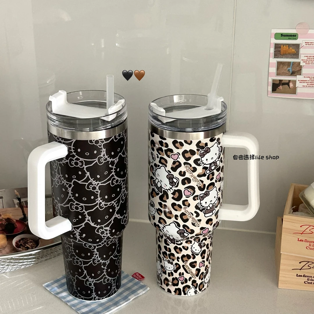 hellokitty大容量冰霸杯豹纹吸管杯304不锈钢材质带手柄车载水杯