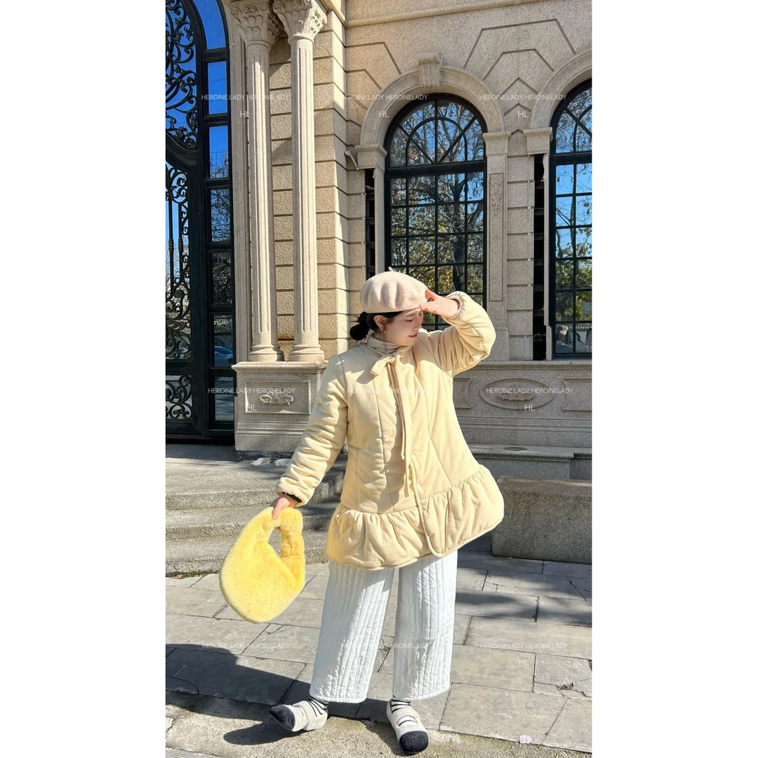 【小奶油】HL新疆棉纯色韩版花边百搭蝴蝶结可爱显瘦加厚保暖棉服