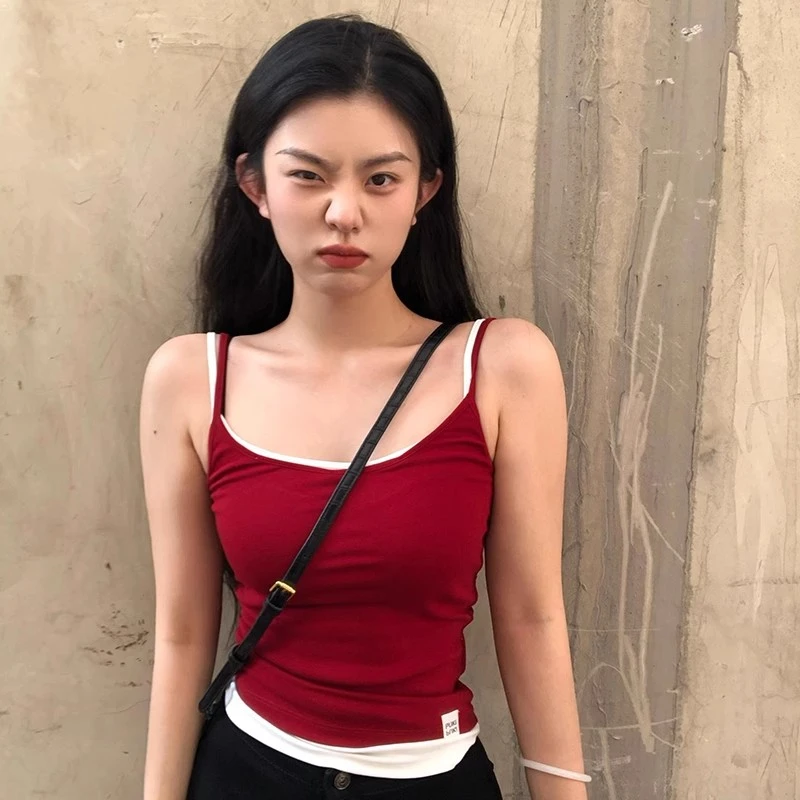 纯欲辣妹假两件红色吊带背心女夏季修身显瘦设计感休闲百搭上衣潮