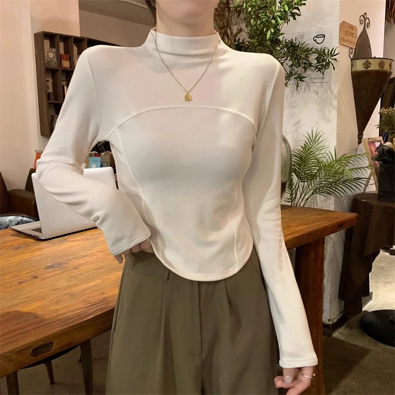 修身保暖秋冬长袖打底衫正肩辣妹鱼骨显瘦半高领气质云暖绒t恤ins