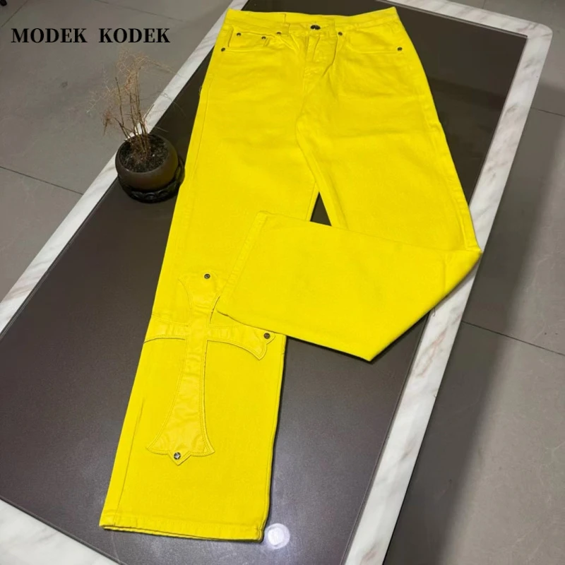 MODEK KODEK高级感潮牌男士宽松直筒牛仔裤夏季新款拼皮休闲长裤