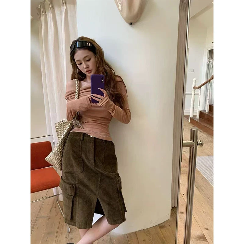 韩系2025复古时尚洋气露肩高级感长袖上衣高腰口袋修身显瘦半身裙