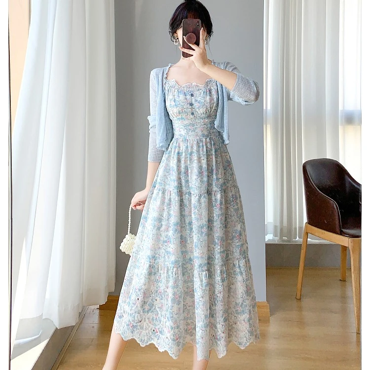 2025春季新款碎花刺绣吊带连衣裙女装收腰显瘦中长款仙女蛋糕裙子