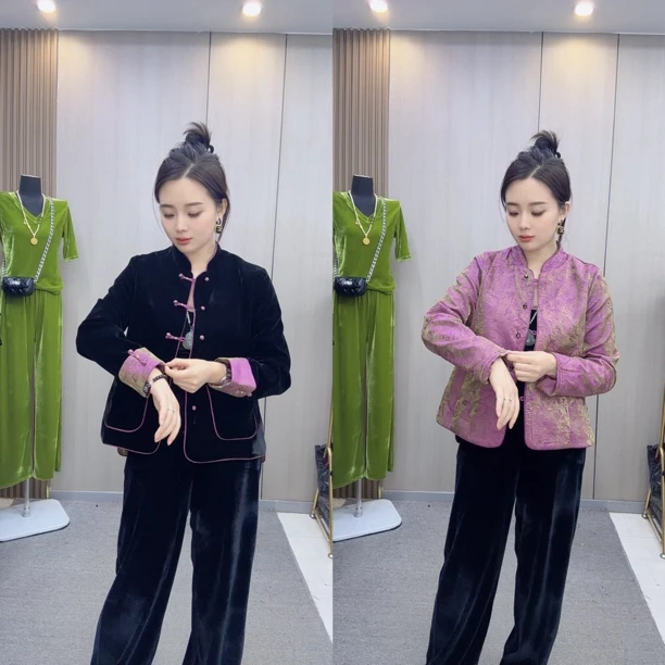 1209秋季新款新中式国风立领盘扣显瘦(双面穿)丝绒外衣