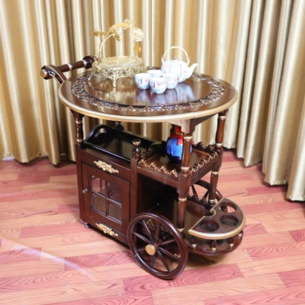 美式实木描金双层茶几法式复古手推餐车客厅可移动折叠小边几边桌