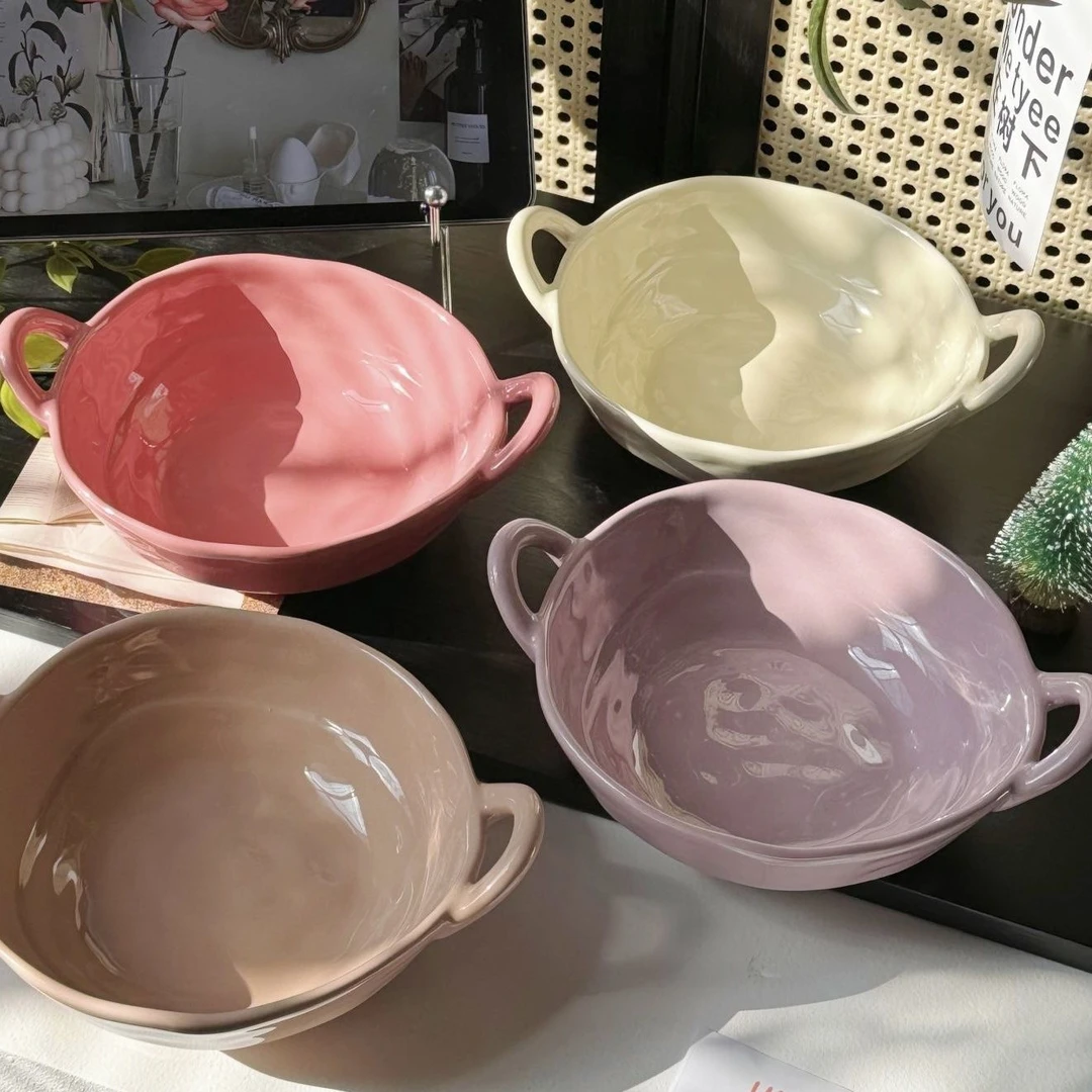 高颜值双耳碗家用酸奶碗具沙拉水果碗陶瓷餐具盘子汤碗漂亮泡面碗