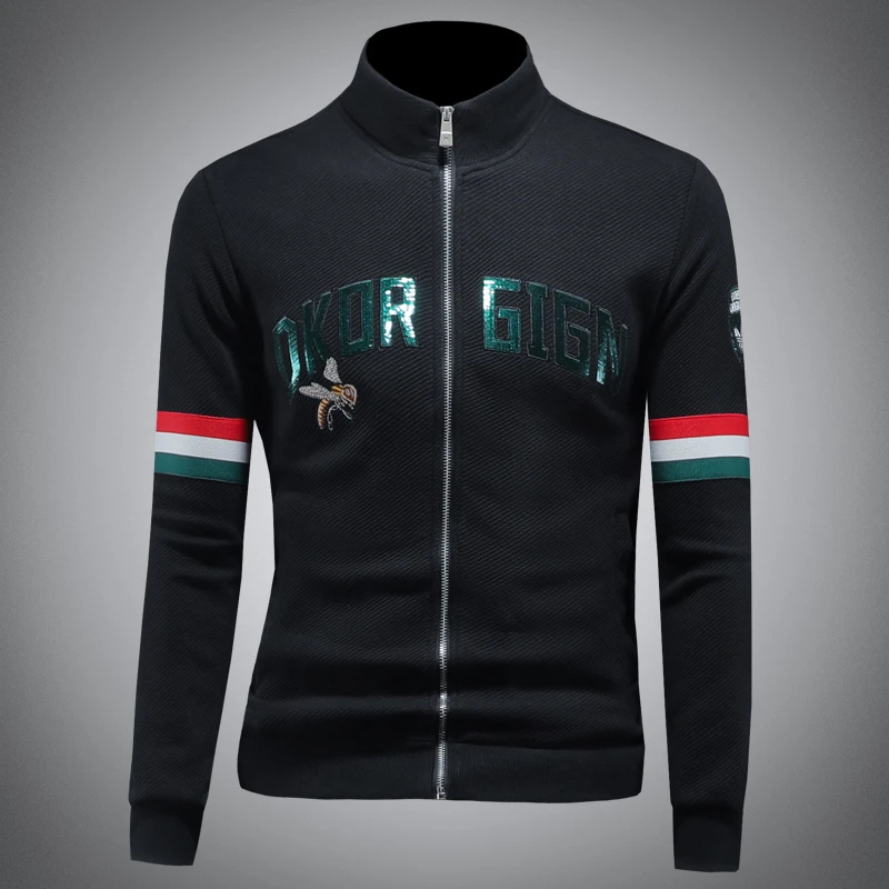 希敦纽勒高级感潮牌开衫卫衣男潮帅气春秋款时尚刺绣立领拉链外套