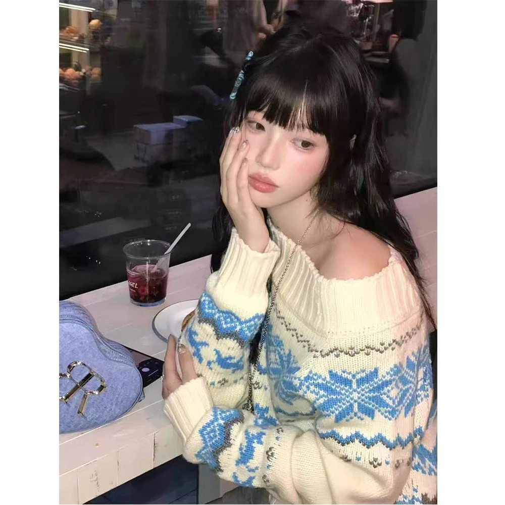 圣诞节氛围感费尔岛一字肩毛衣女秋冬新款内搭针织衫辣妹上衣