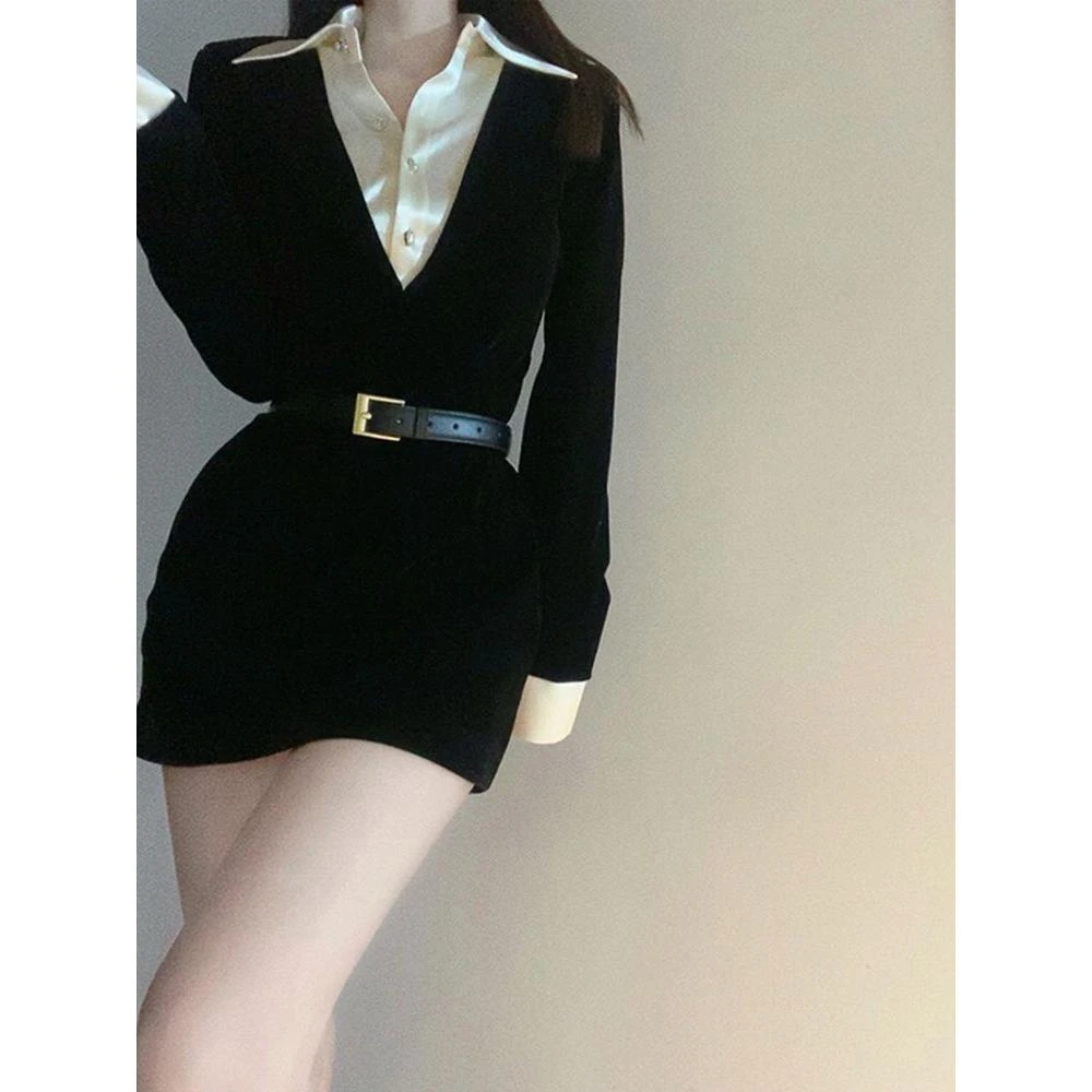 法式黑色Polo领衬衫连衣裙女秋冬千金高级感性感修身包臀小黑短裙