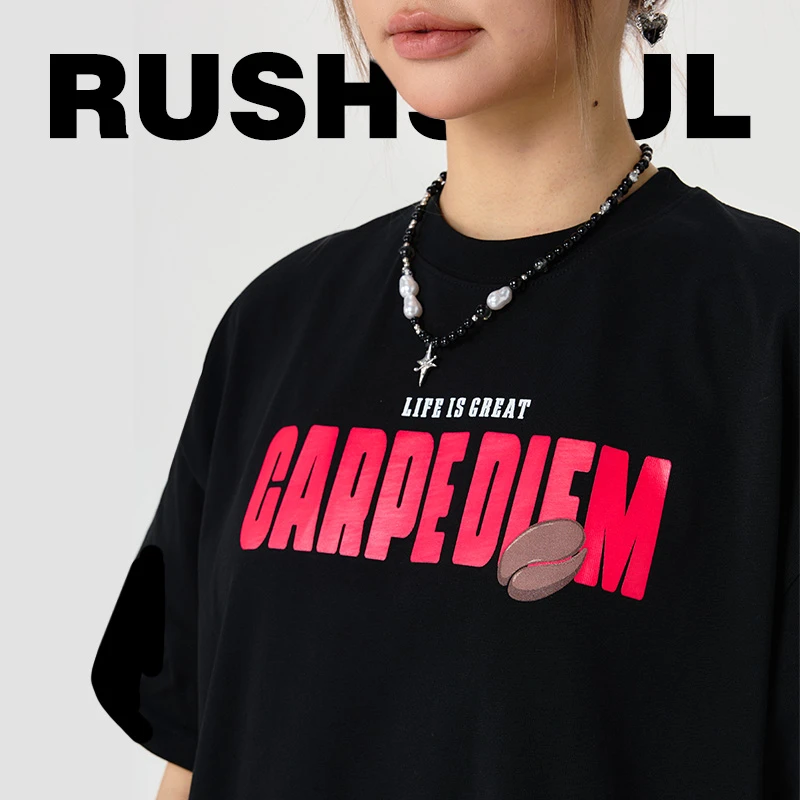 【夏日新中式穿搭】RUSHSOUL咖啡人ins印花短袖个性男女通用半袖T恤