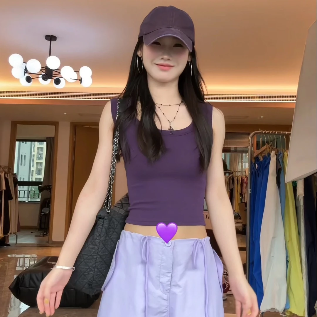 高密棉纯欲领遮副乳修身背心酒红色纯欲镂空针织背心