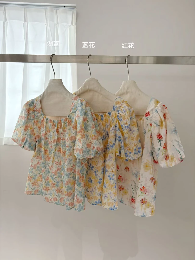 韩系复古甜美方领显瘦碎花小衫73370 衣长55