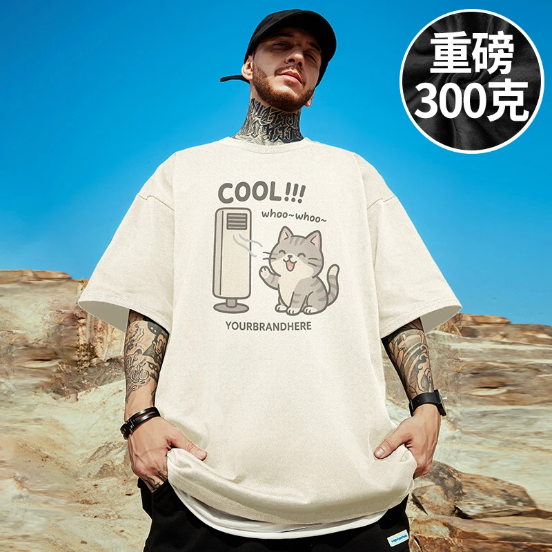 100%纯棉300g重磅潮牌宽松T恤短袖五分袖加肥加大码男装夏季半袖