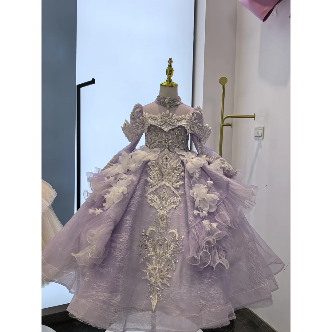 【紫梦】纯色女连衣裙女童公主裙春秋紫色轻奢晚礼服