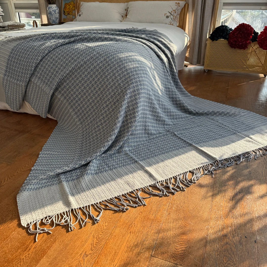 卜叔新春好物-澳洲羊毛竹亚麻汉麻流苏毯休闲毯沙发毯色织提花