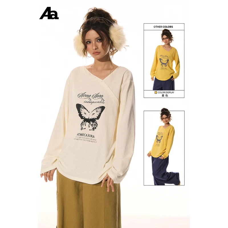 ACME AURA 美式复古蝴蝶印花T恤女设计感小众宽松显瘦斜肩上衣