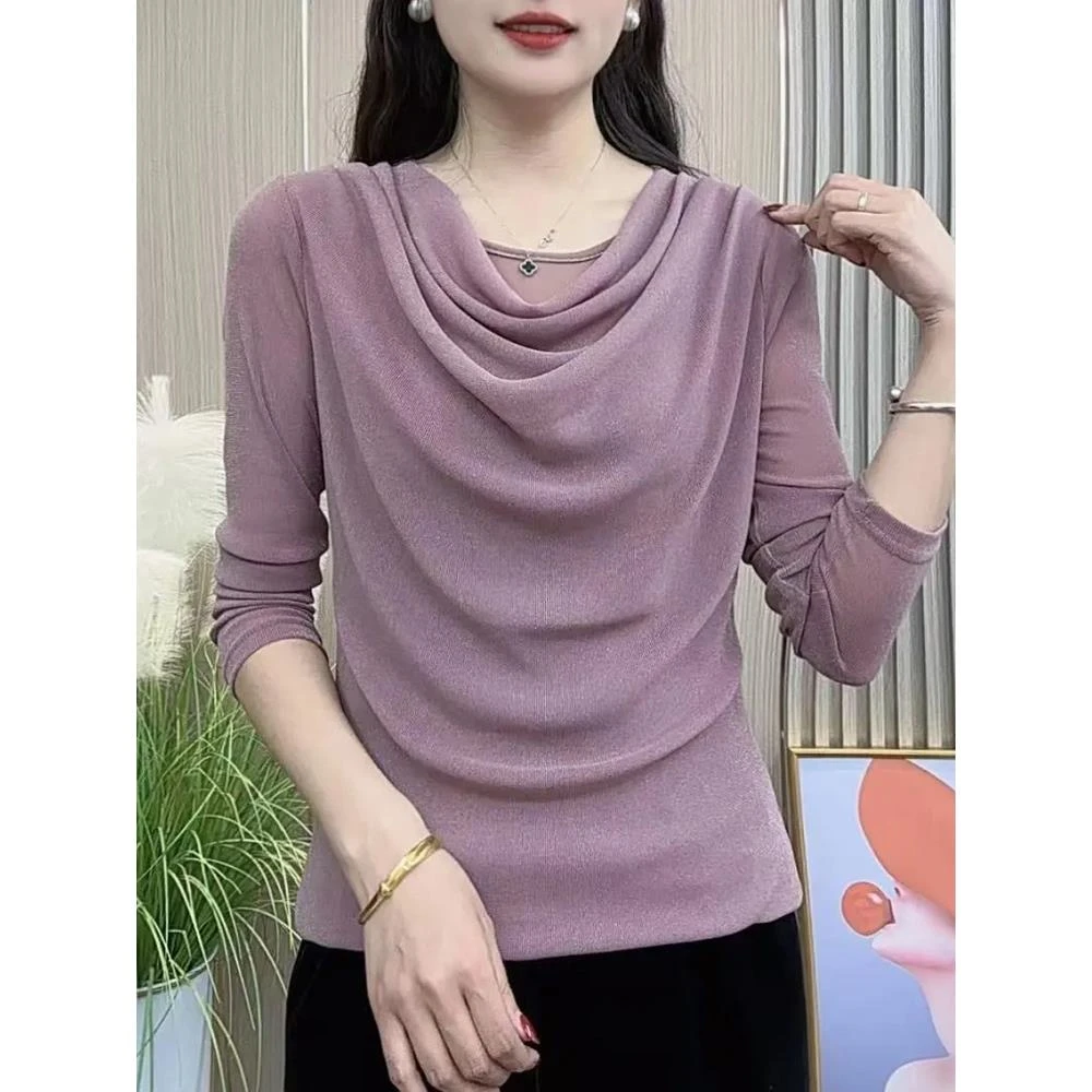 春季新款时尚女士高级感堆堆领网纱长袖上衣妈妈气质百搭纯色T恤