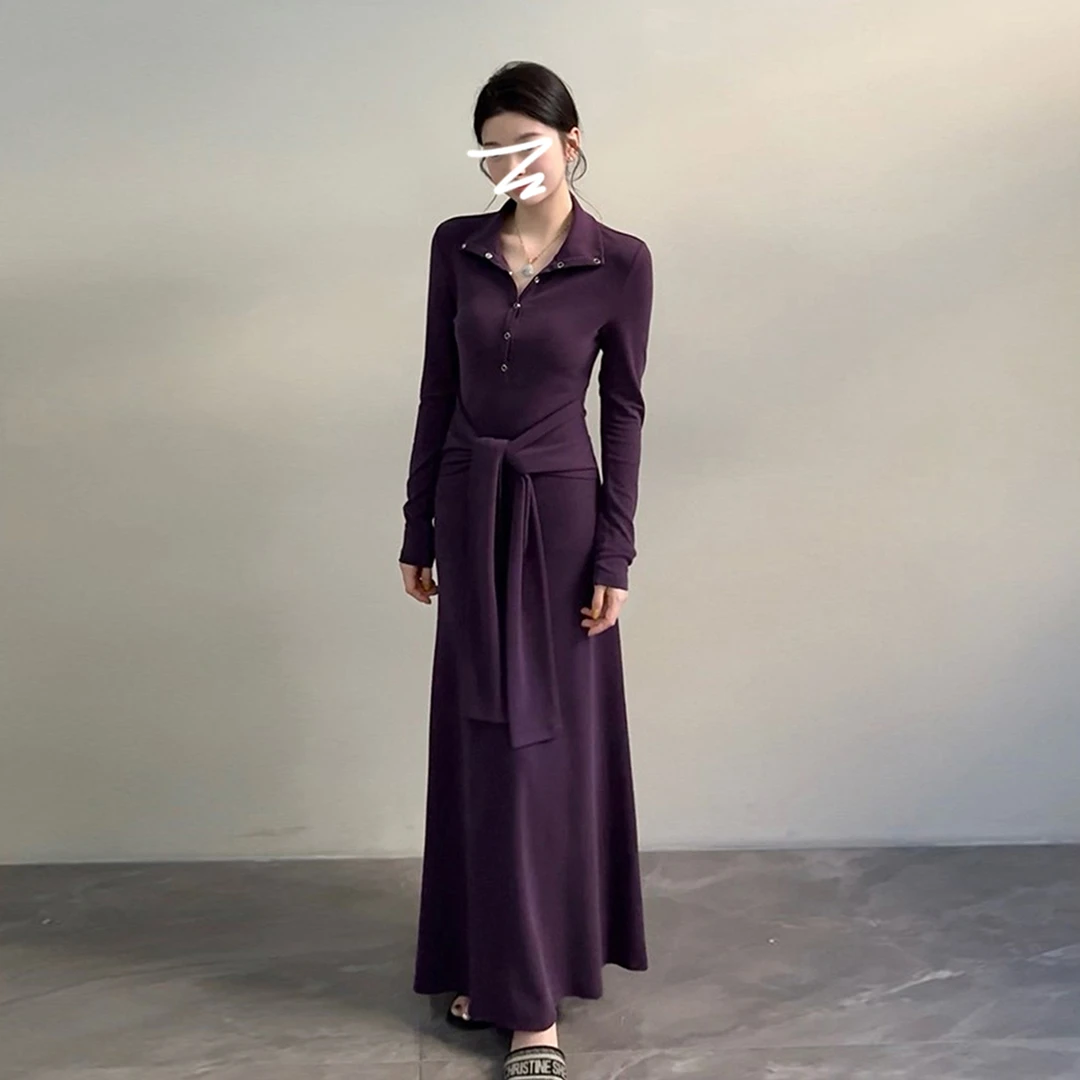 法式独特漂亮紫色内搭绑带连衣裙子女秋冬2026新款高级感收腰长裙