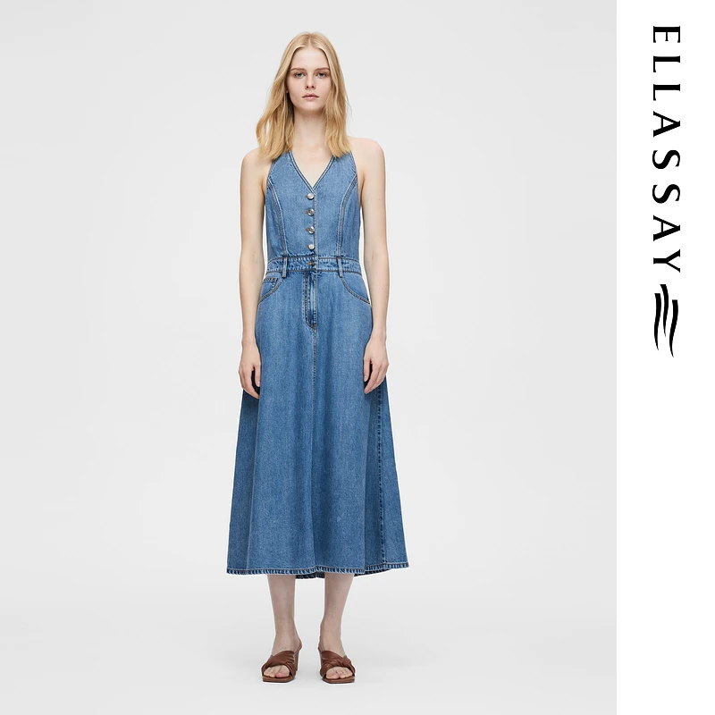 ELLASSAY2025早春新款莱赛尔A字裙摆挂脖牛仔连衣裙EWB362N01000