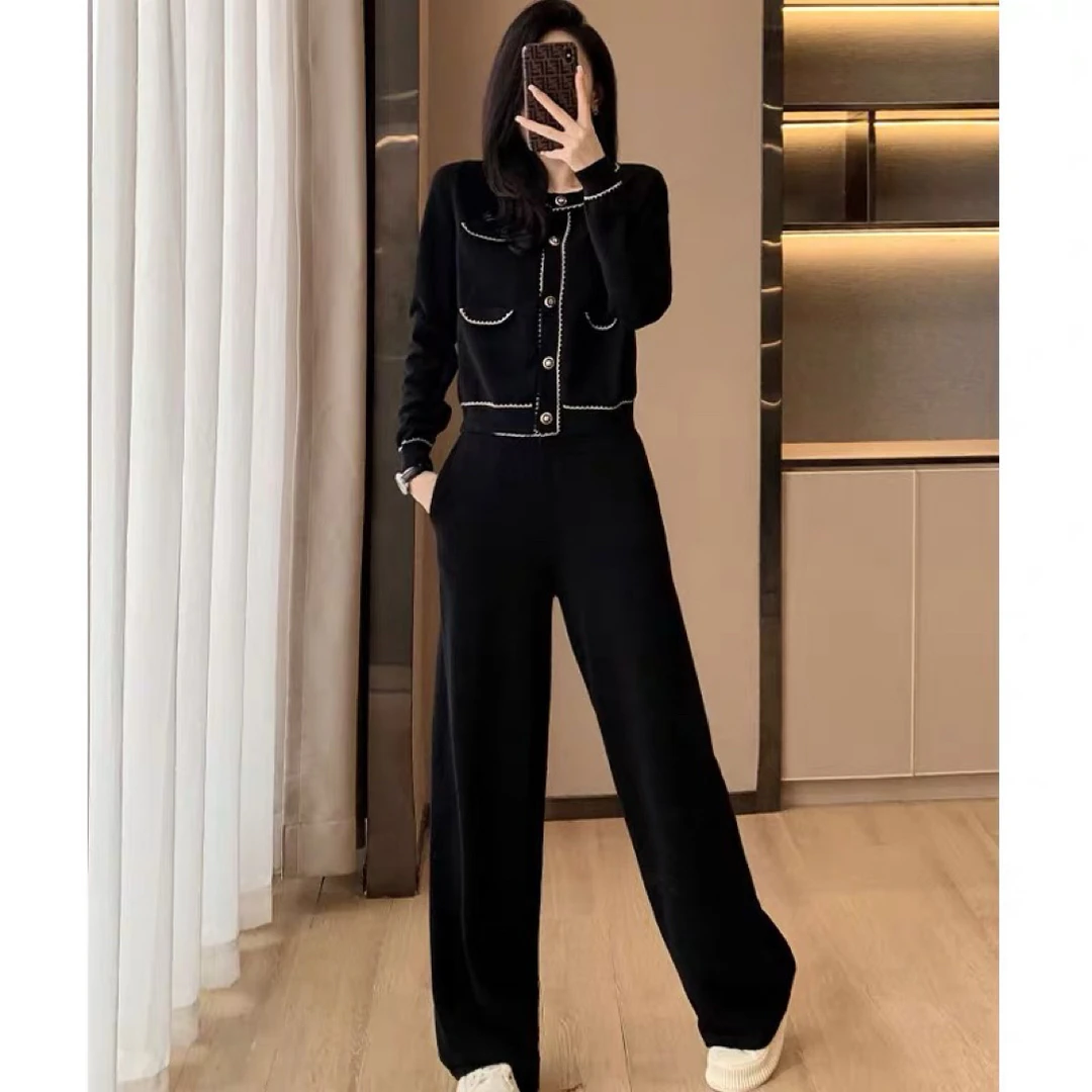 黑色小香风针织开衫阔腿裤套装A625