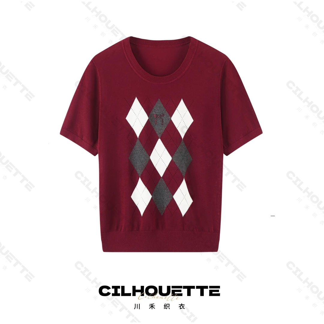 【清】川禾织衣 夏季菱格提花烫钻100兰精天丝短袖针织T恤薄款透气