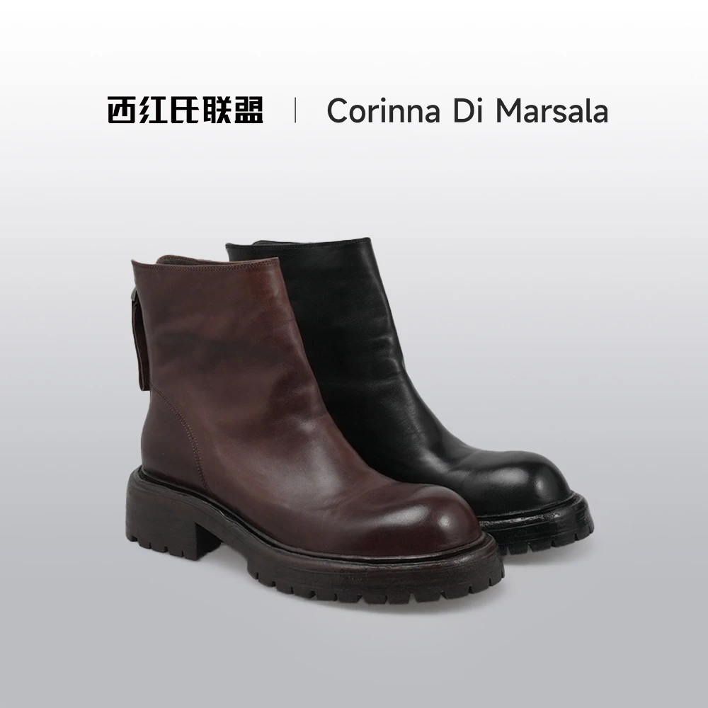 【西红氏联盟】胎牛皮~秋冬百搭厚底增高后拉链时装短靴跟高4.5cm