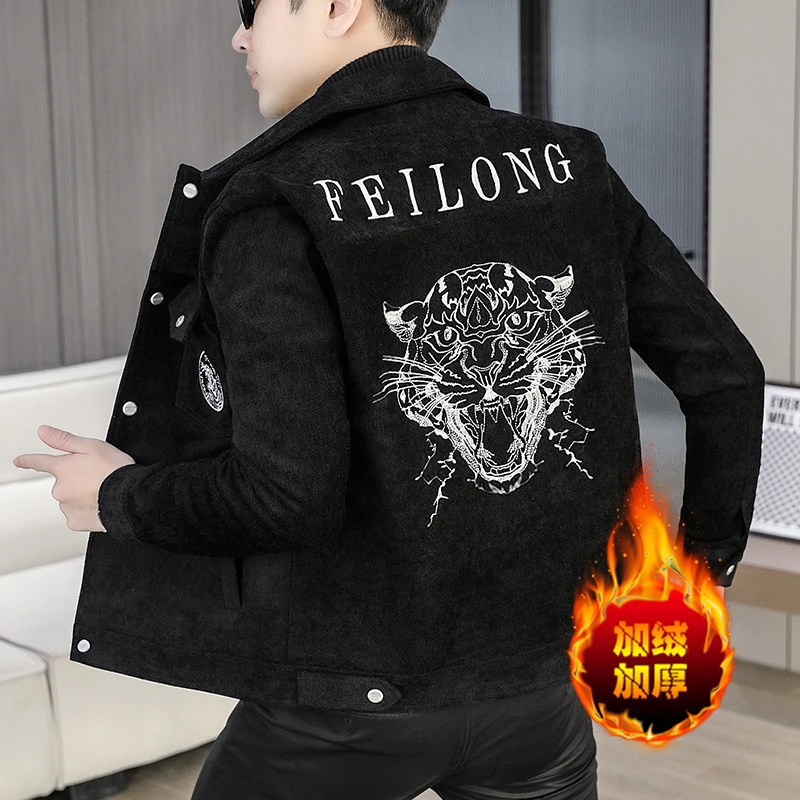 狄佛蒙特冬季新款时尚刺绣翻领呢子夹克男士百搭加绒加厚保暖外套