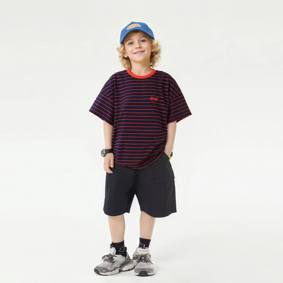 清货童T恤2023夏季韩版男童短袖T恤 中大童条纹绣花上衣儿童短袖t