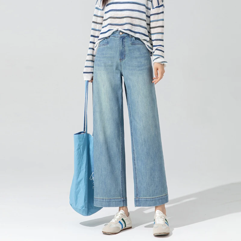 莱赛尔天丝牛仔裤女夏薄款阔腿裤女2025新款显瘦直筒裤冰丝九分裤
