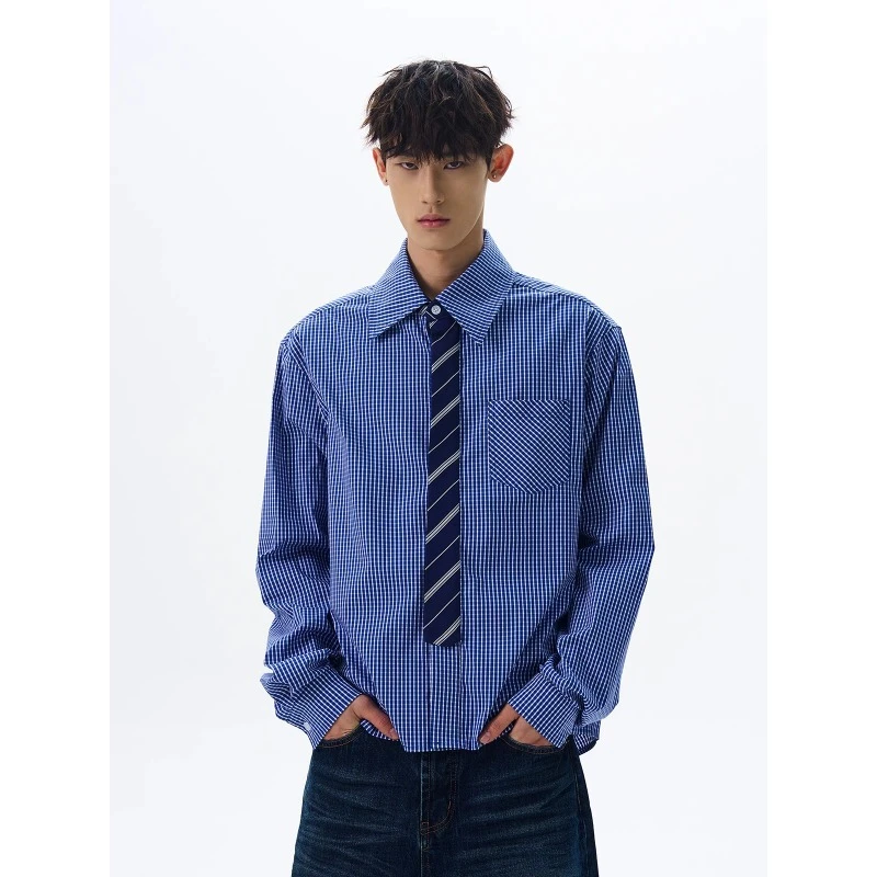 复古拼接格子宽松长袖衬衫男女休闲免烫聚酯纤维