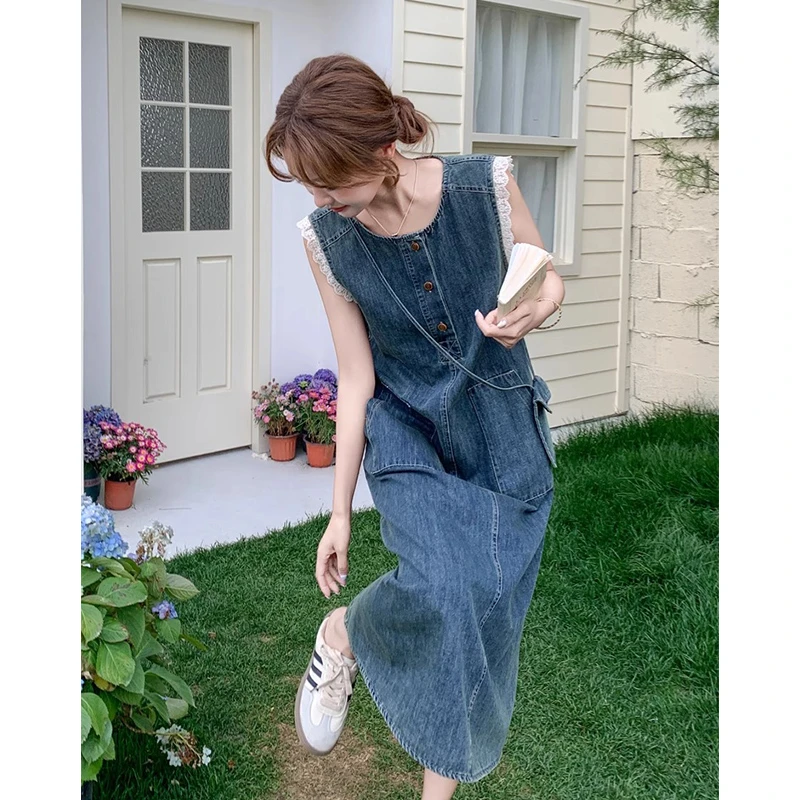 韩系气质花边拼接无袖背心牛仔连衣裙女夏季盐系复古超好看A字裙