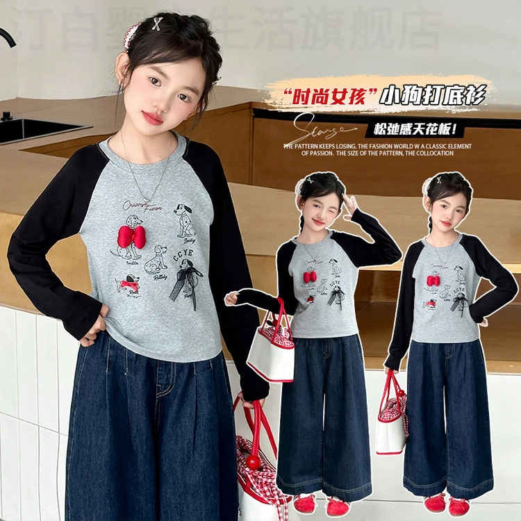 新款春秋季女童时尚小狗印花恤牛仔裤百搭洋气童装