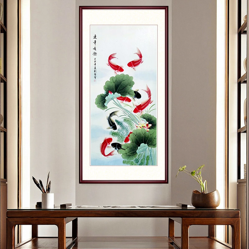 国画花鸟画九鱼图鲤鱼图连年有余带框玄关挂画