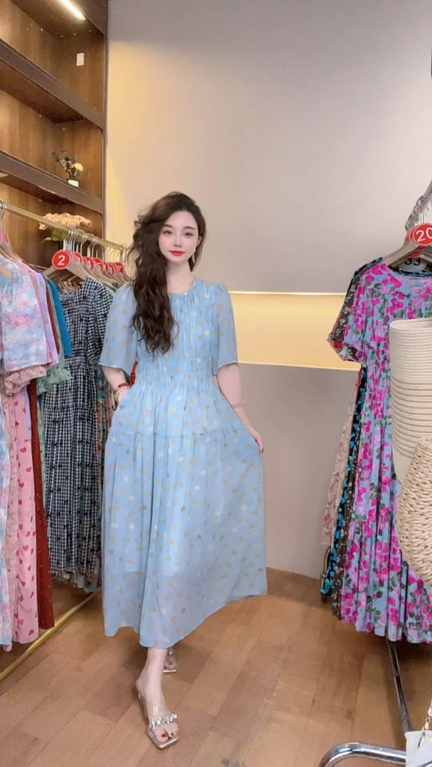 扎染拼接法式夏季微胖印花连衣裙设计师显瘦西域风（597）