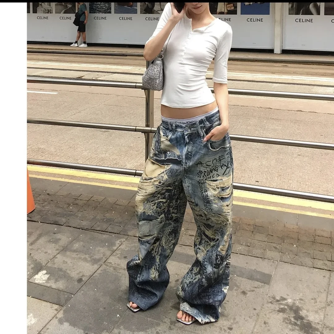 3D数码印花破坏手绘长裤水洗野营风涂鸦百搭街头宽松牛仔裤