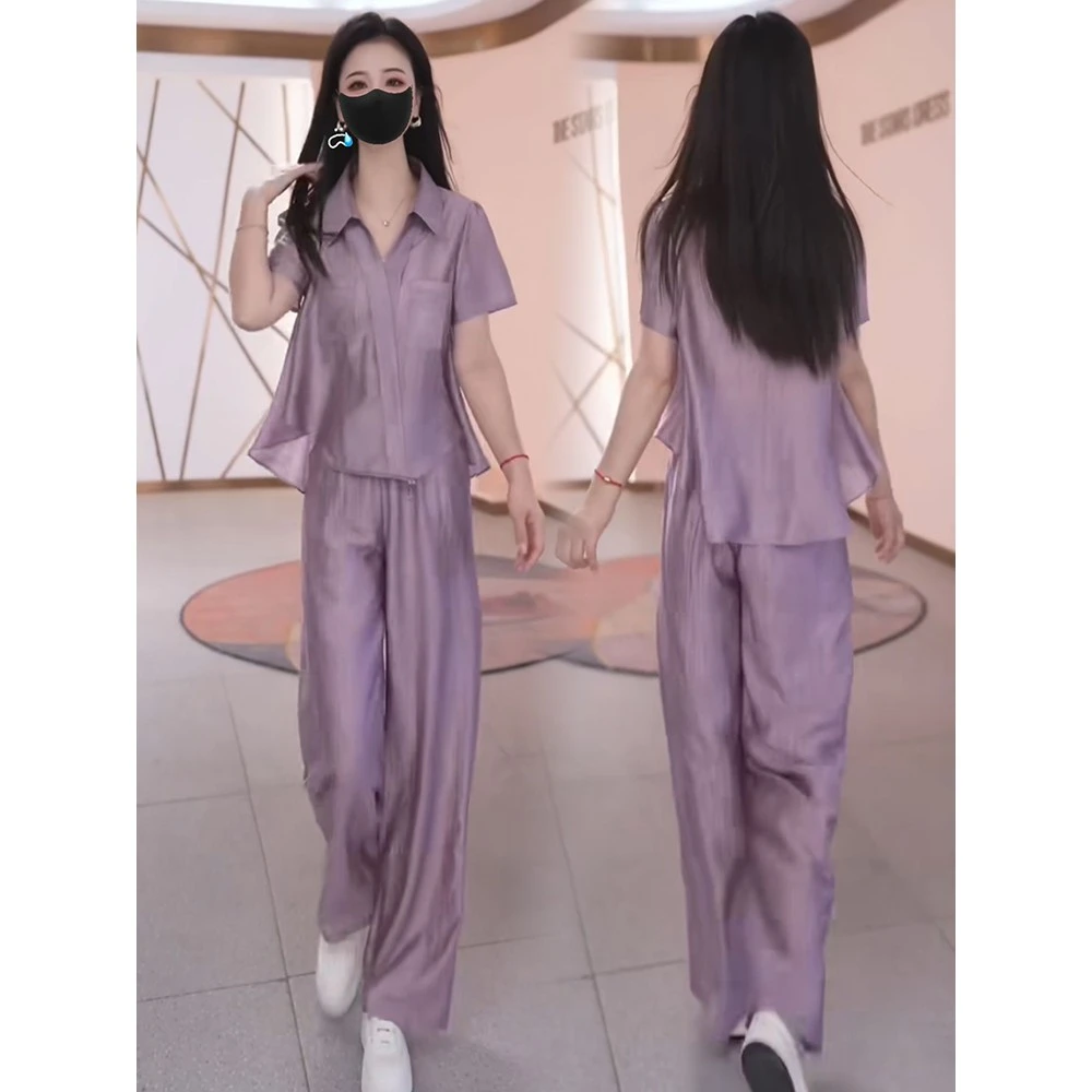 时尚冰丝薄款套装女夏2025夏季新款气质短袖衬衣垂感直筒裤两件套