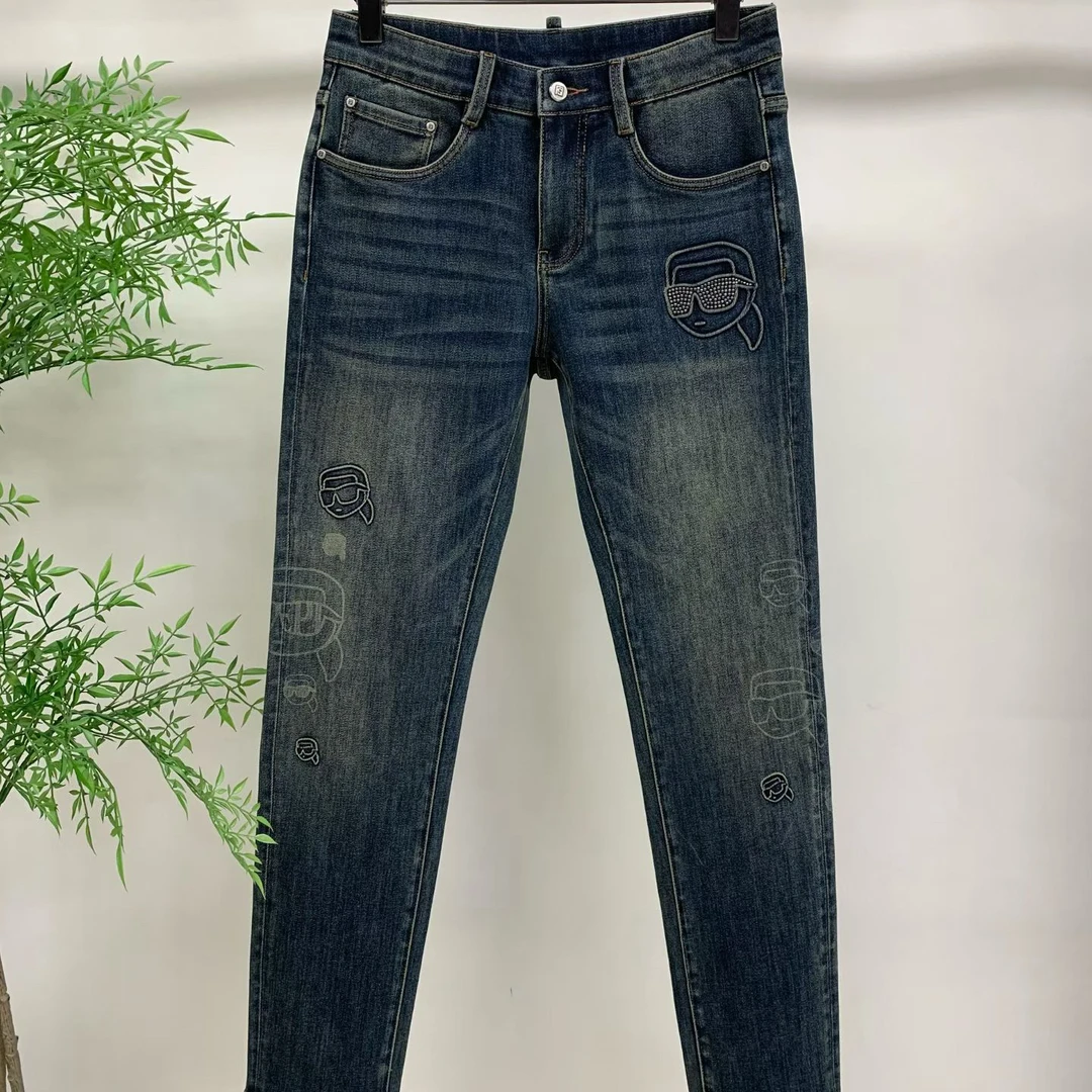 2025秋冬新款男士老佛爷蓝色牛仔裤韩版修身时尚潮流百搭小脚长裤